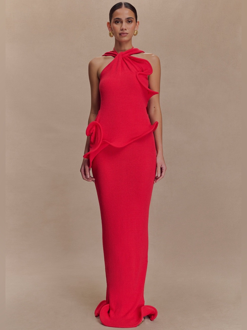 Meshki Caprice Halter Knit Maxi Dress - Red
